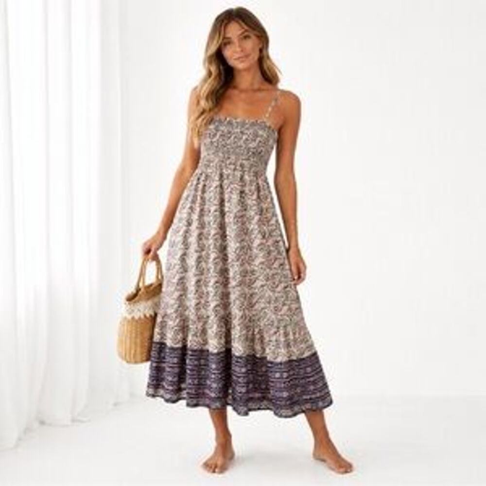 NWT Natural Life Smocked Floral Coastal Cowgirl Cottagecore Travel Maxi Dress